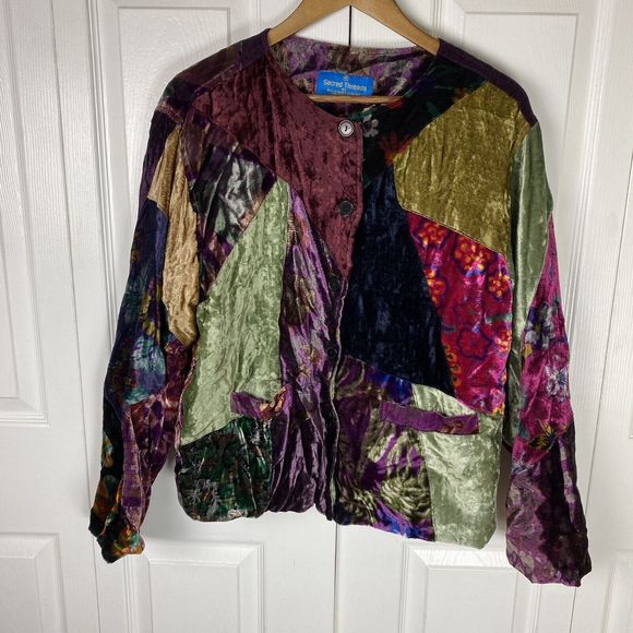 Sacred Threads Jackets & Blazers - Sacred Threads L Cardigan Jacket Velvet Patchwork Floral Art To Wear Boho Button